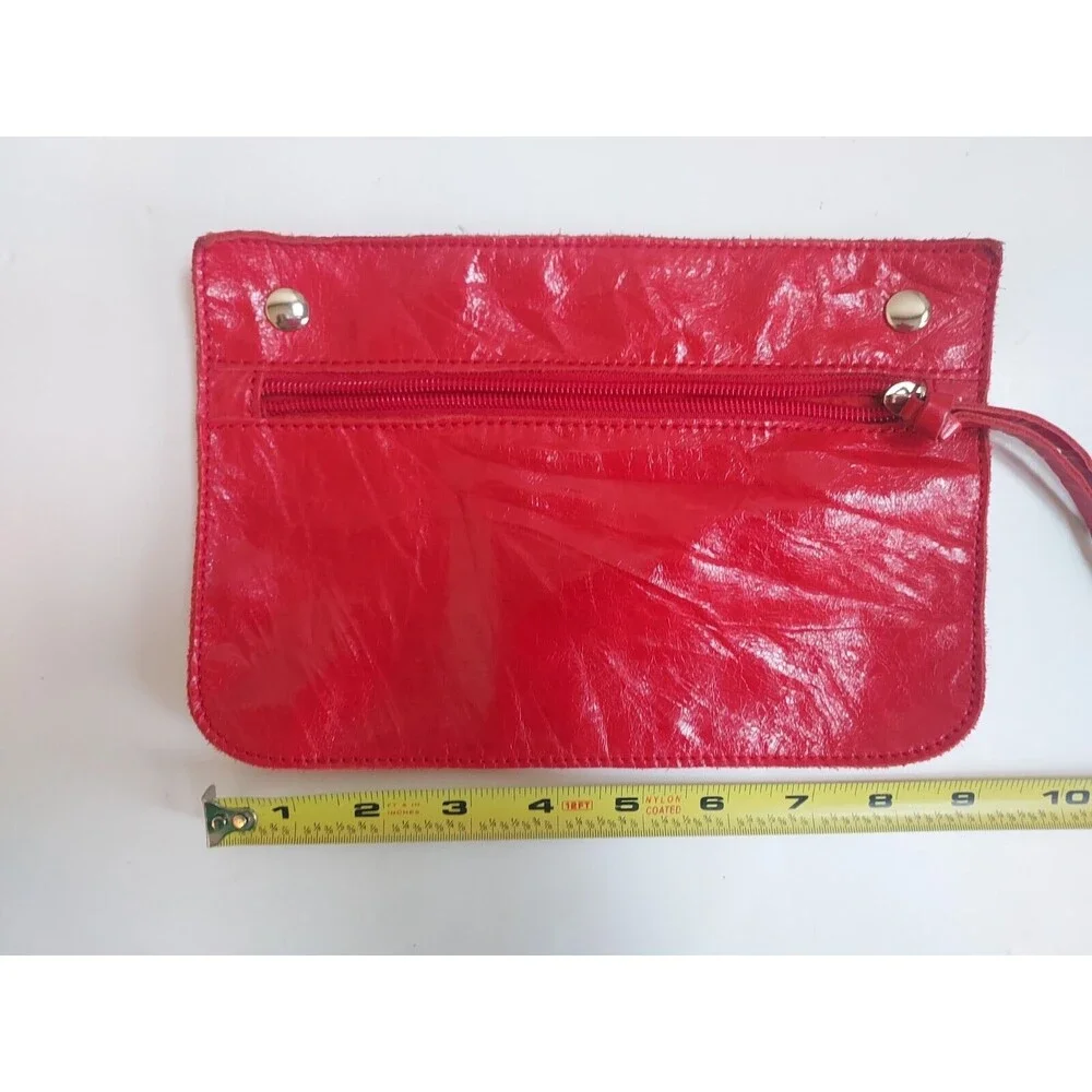 Vintage Shiny Red Leather Shoulder Bag W/ Removable Cloth Lining & Change Purse